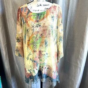 Mushka by Sienna Rose Green Tie Dye Style Fringe Tunic Blouse Large